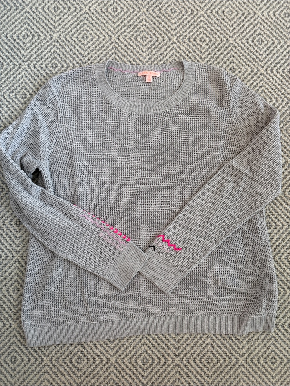 Lisa Todd Grey Women's Waffle Knit Sweater with Pink Stitch Detail
